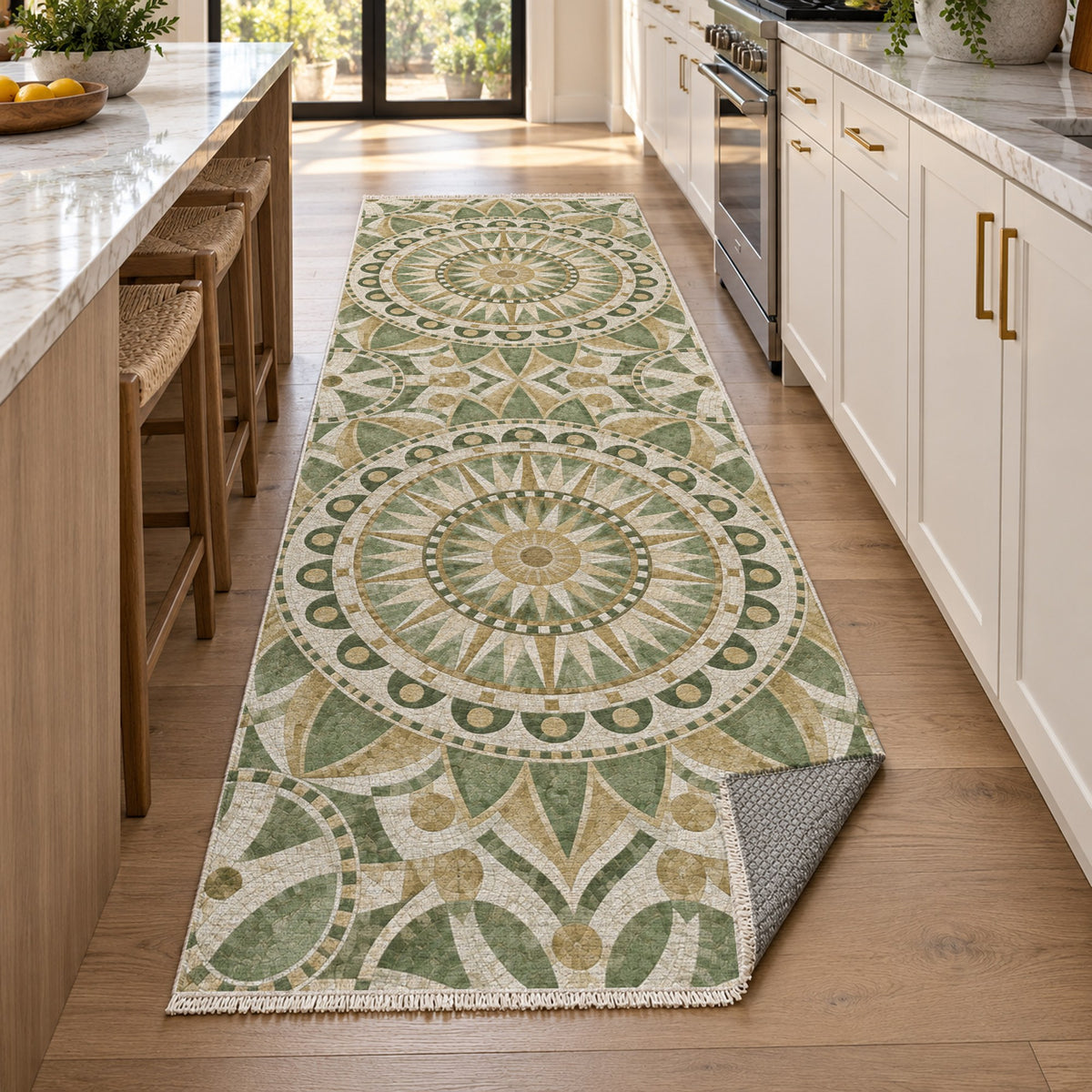 Sun Wheel Sage Geometric Washable Rug — new york kitchen runner