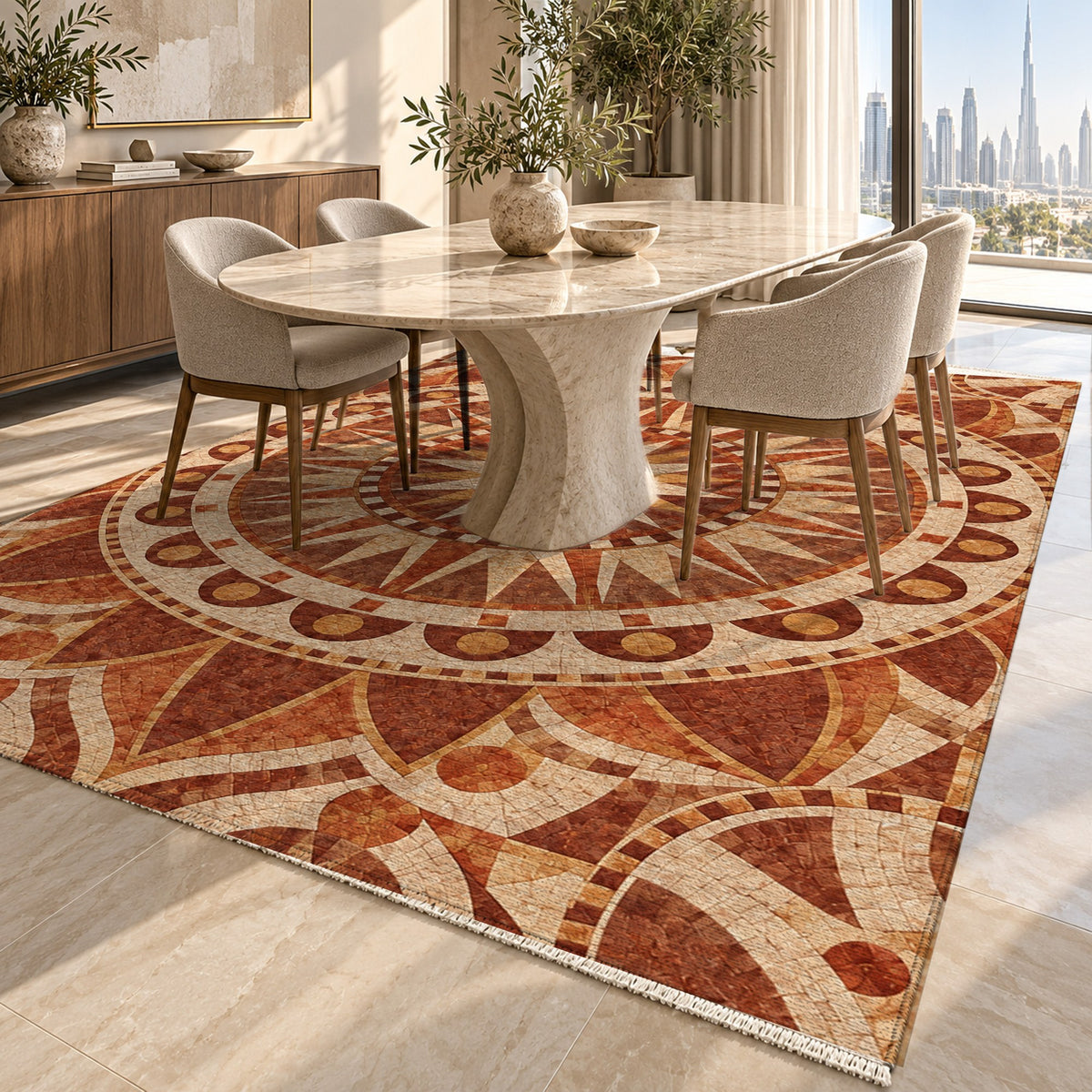 Sun Wheel Terracotta Geometric Washable Rug — dubai dining