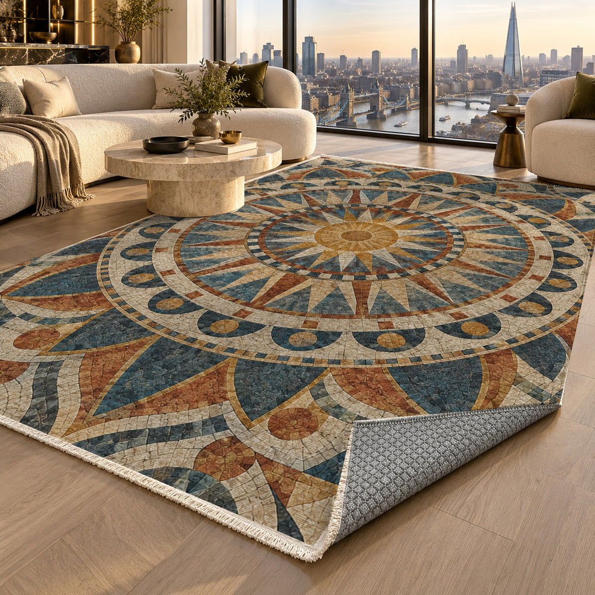 Sun Wheel Geometric Washable Rug — london luxury living