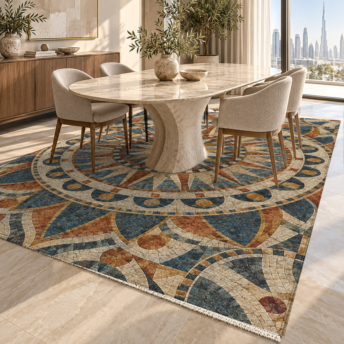 Sun Wheel Geometric Washable Rug — dubai dining