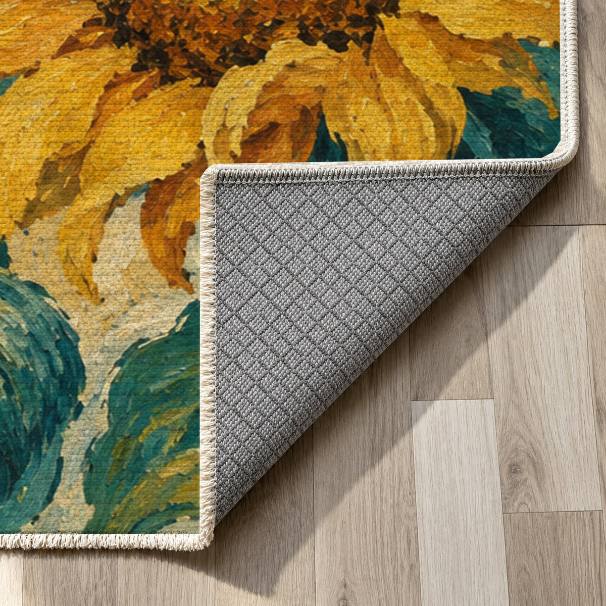 Sunflower Rhythm Abstract Washable Rug — backing close up