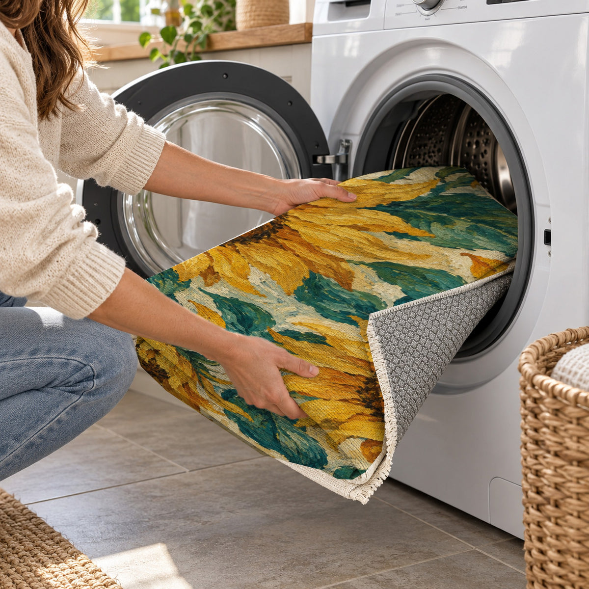 Sunflower Rhythm Abstract Washable Rug — washing machine