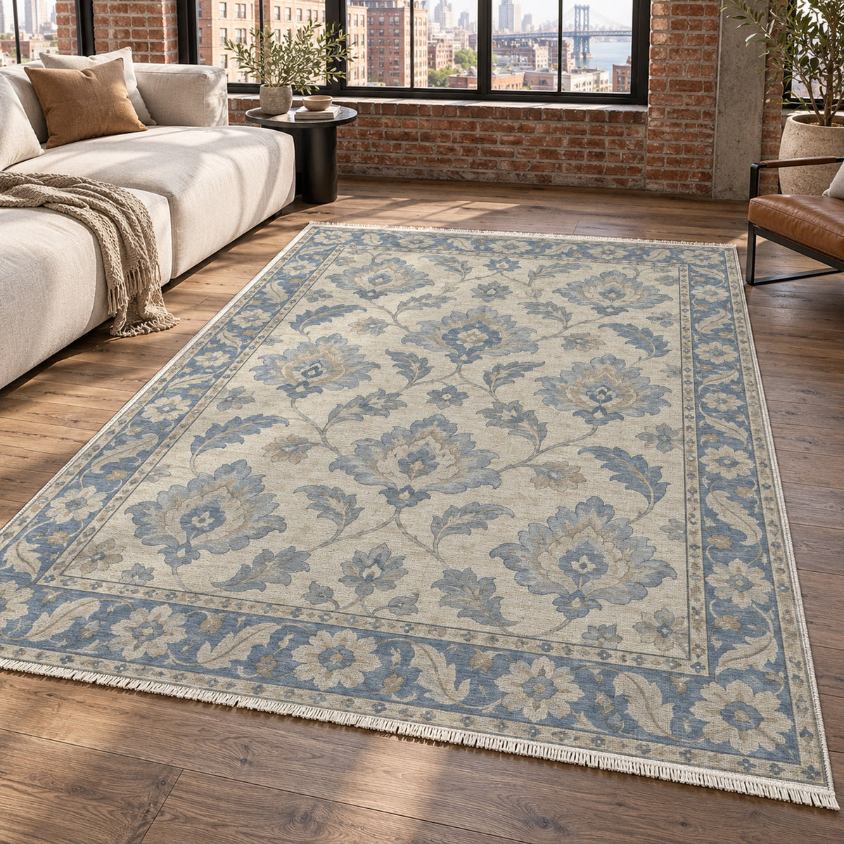 Sunlit Palmettes Blue Ivory Classic Washable Rug — new york living
