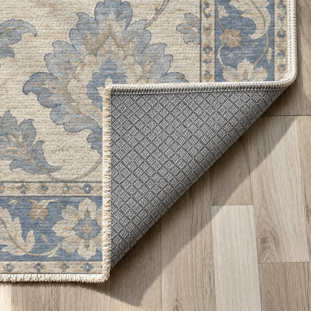 Sunlit Palmettes Blue Ivory Classic Washable Rug — backing close up