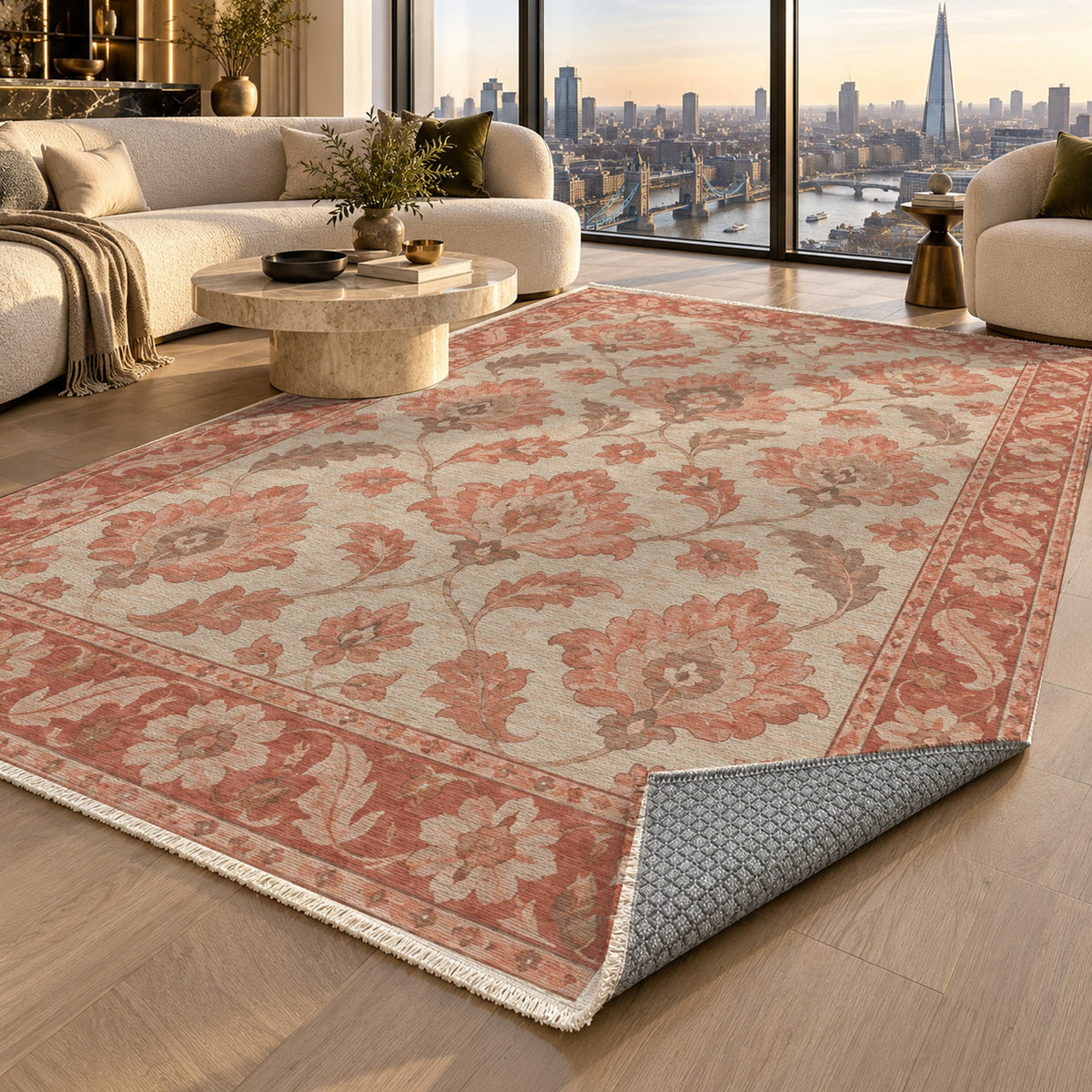Sunlit Palmettes Coral Sand Classic Washable Rug — london luxury living