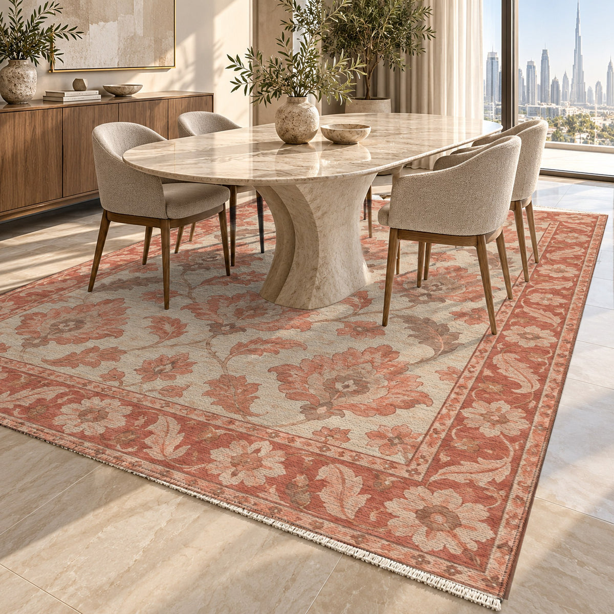 Sunlit Palmettes Coral Sand Classic Washable Rug — dubai dining