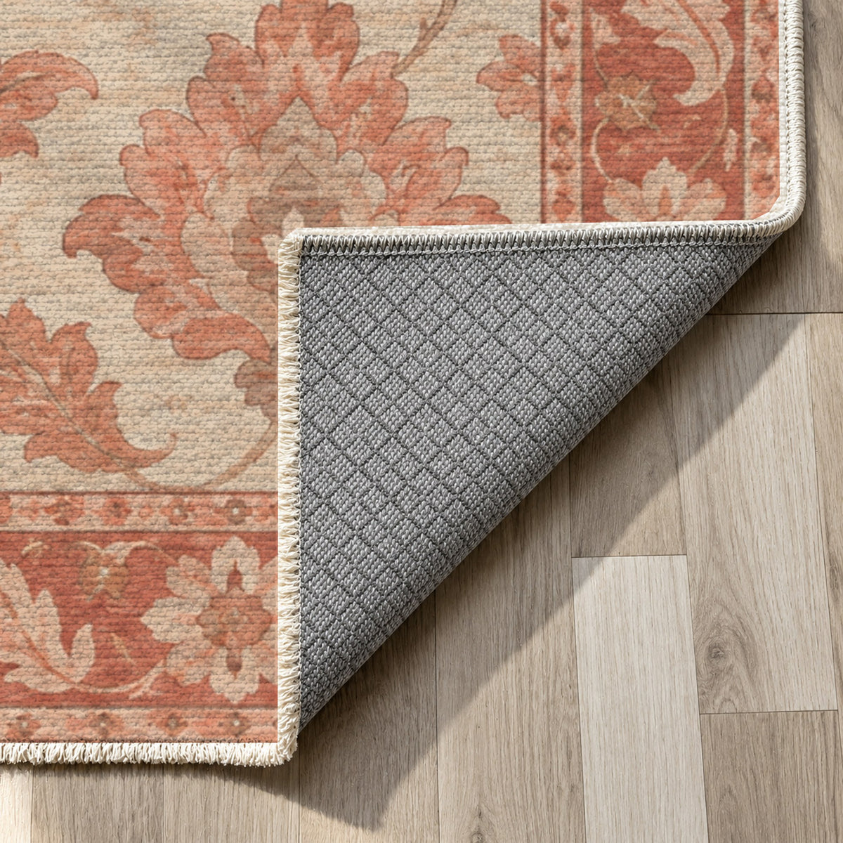 Sunlit Palmettes Coral Sand Classic Washable Rug — backing close up