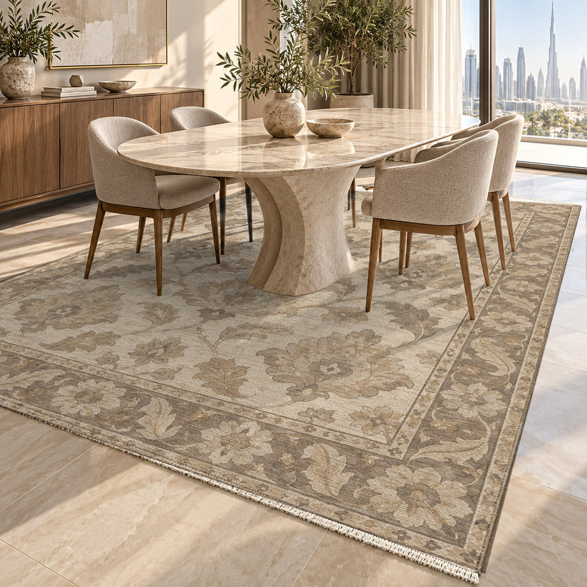 Sunlit Palmettes Ivory Taupe Classic Washable Rug — dubai dining