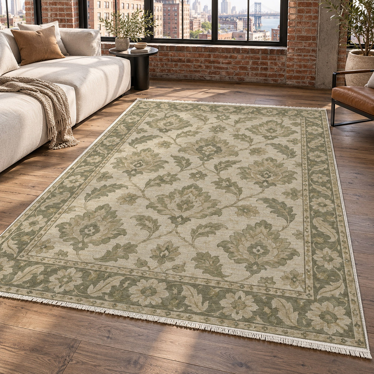 Sunlit Palmettes Sage Cream Classic Washable Rug — new york living