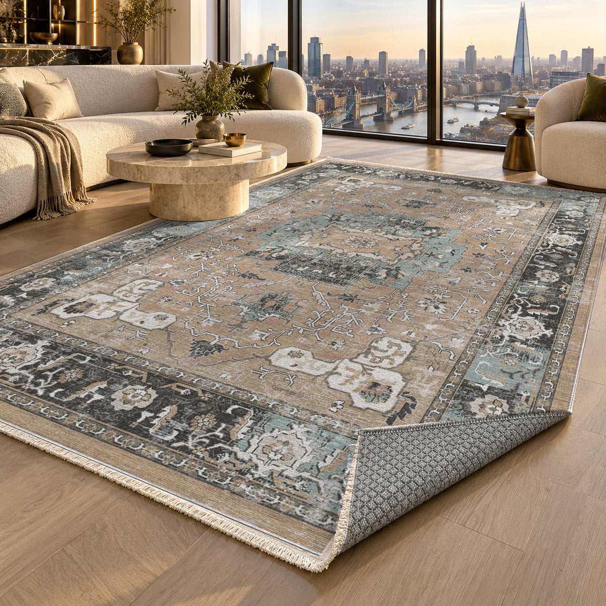 Tabriz Medallion Beige Vintage Washable Rug — london luxury living