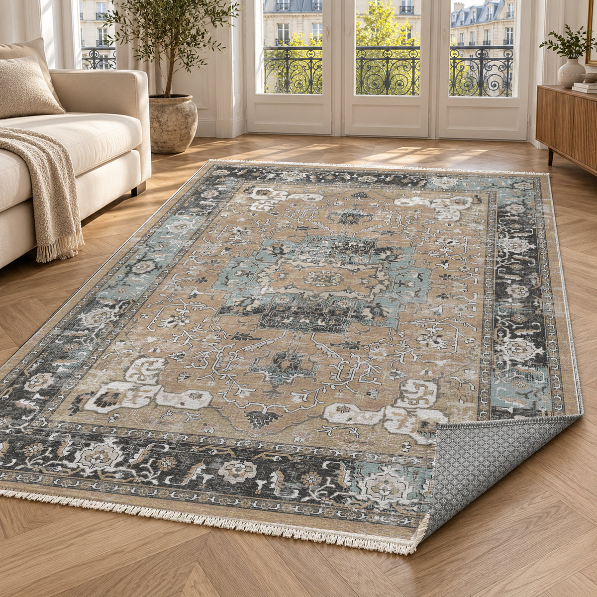Tabriz Medallion Beige Vintage Washable Rug — paris living