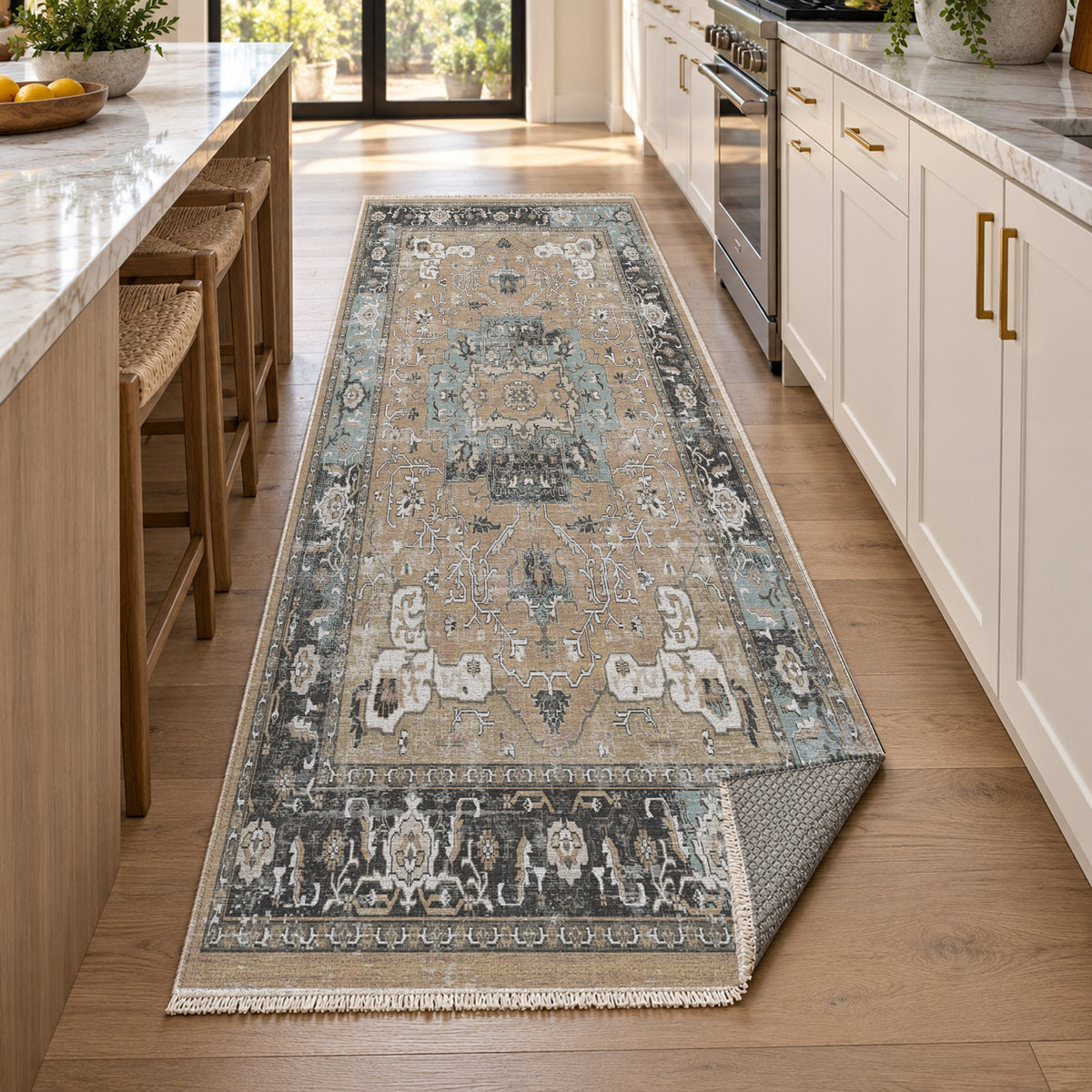 Tabriz Medallion Beige Vintage Washable Rug — new york kitchen runner