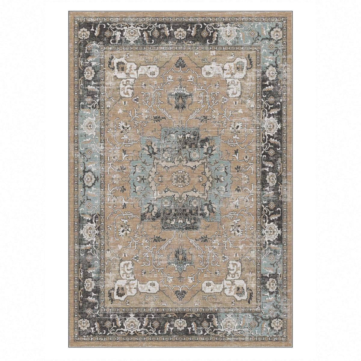 Tabriz Medallion Beige Vintage Washable Rug — top view