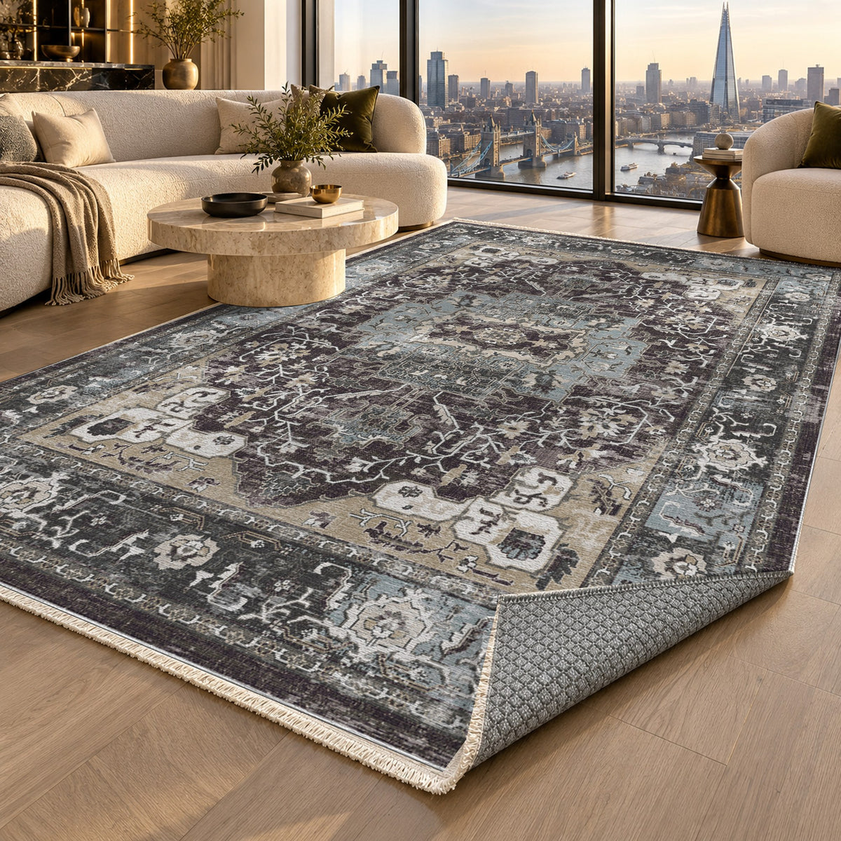 Tabriz Medallion Black Vintage Washable Rug — london luxury living