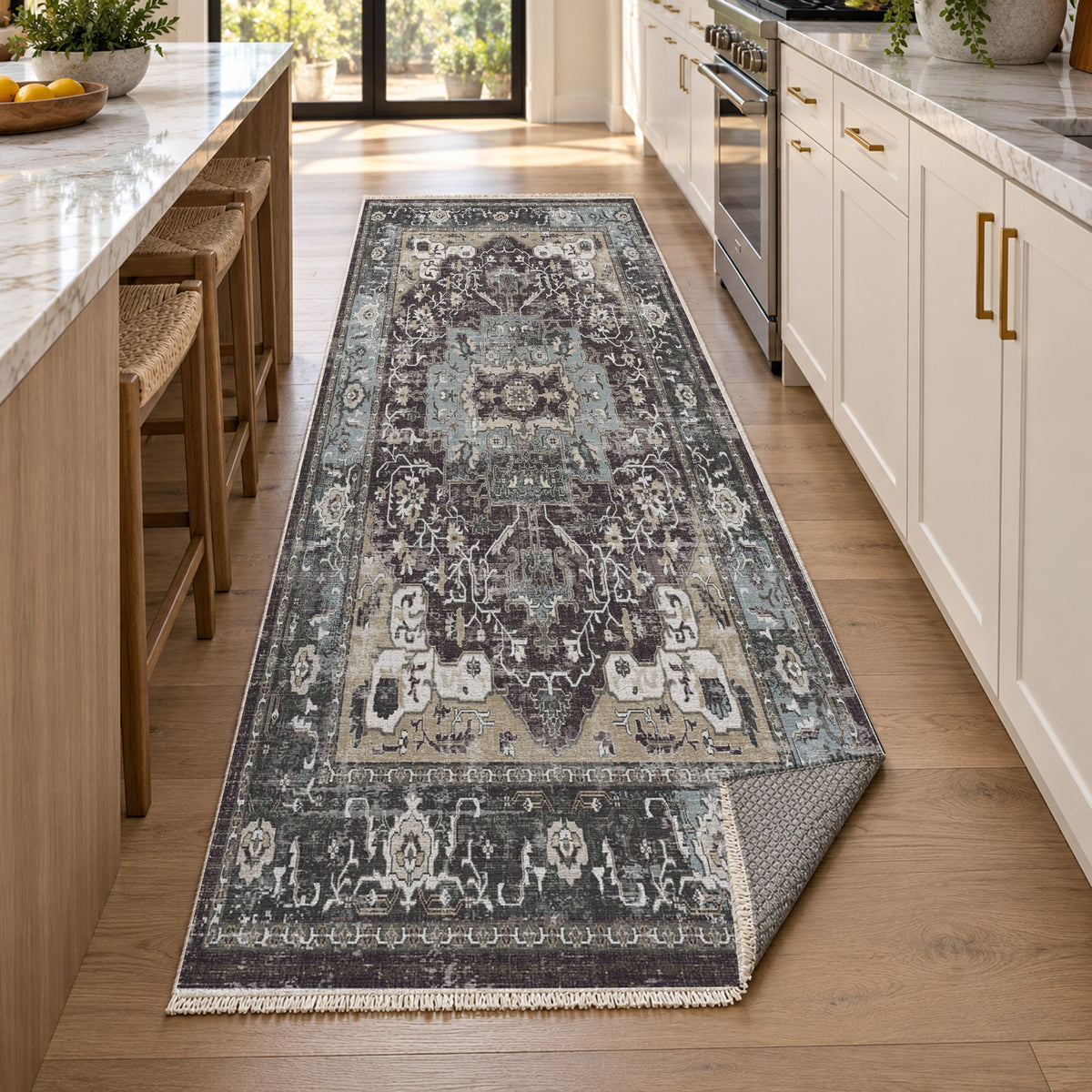 Tabriz Medallion Black Vintage Washable Rug — new york kitchen runner