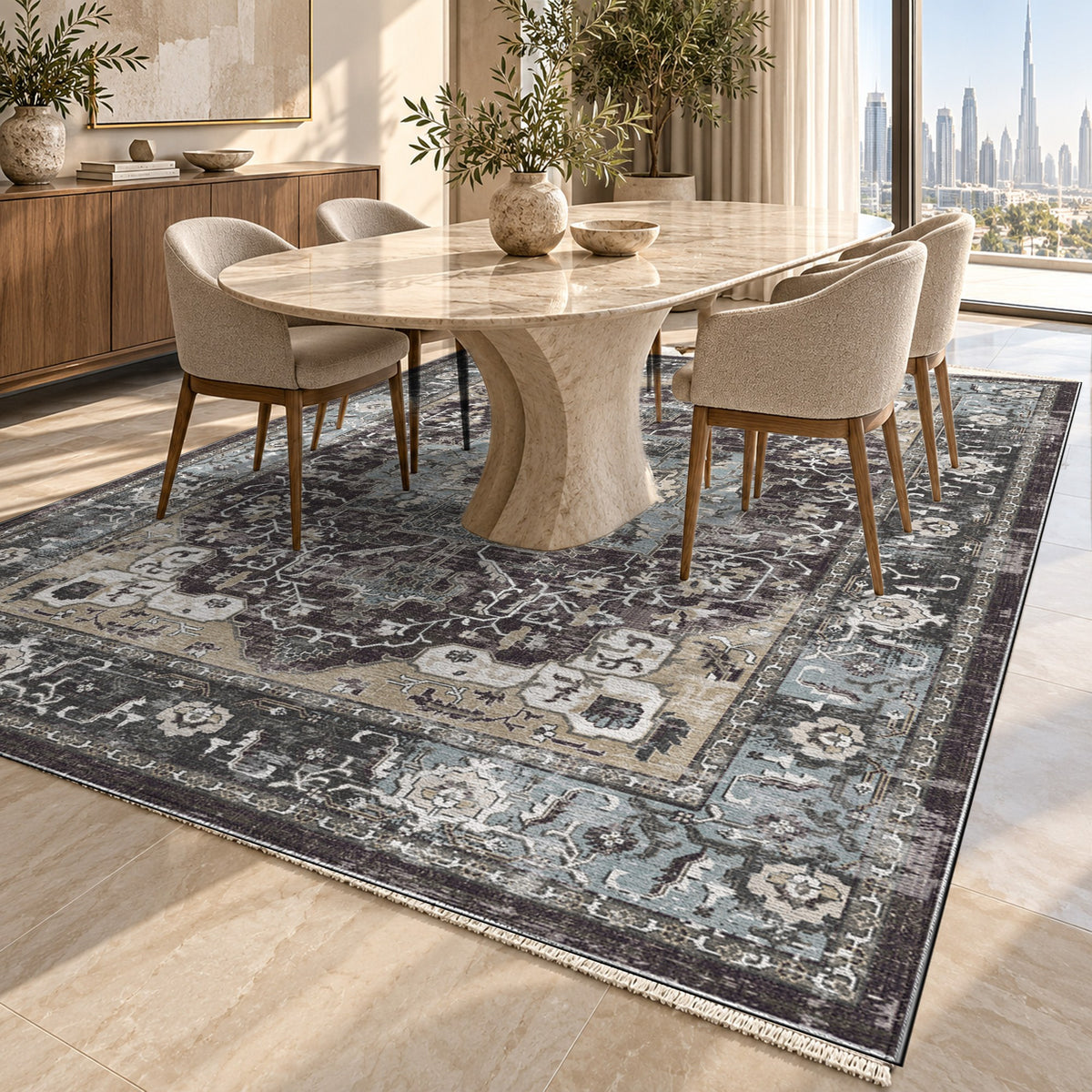 Tabriz Medallion Black Vintage Washable Rug — dubai dining