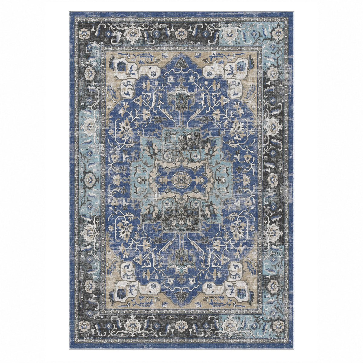 Tabriz Medallion Blue Vintage Washable Rug — top view