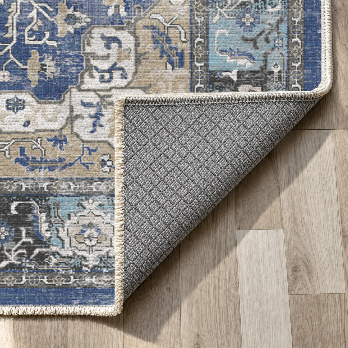 Tabriz Medallion Blue Vintage Washable Rug — backing close up