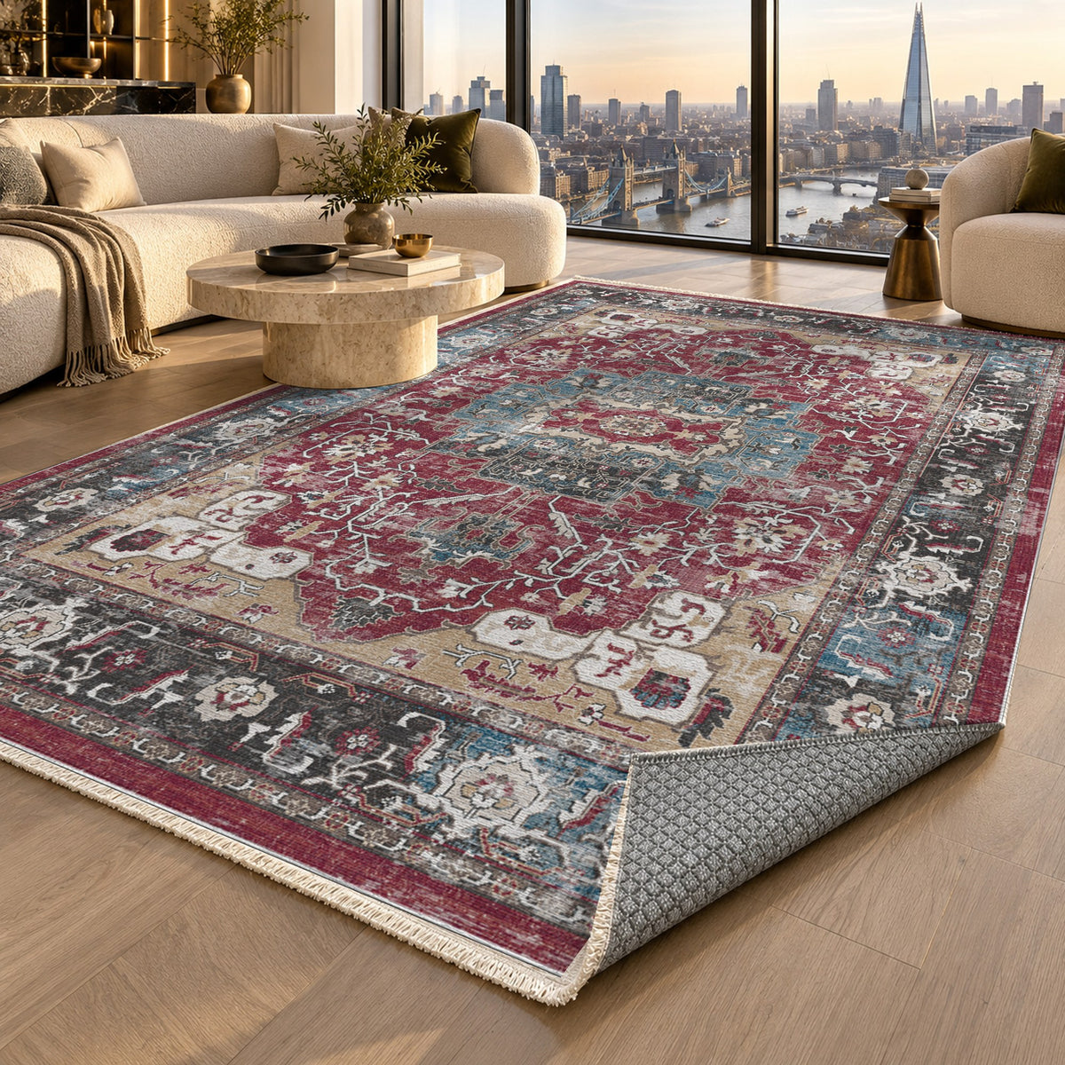 Tabriz Medallion Burgundy Red Vintage Washable Rug — london luxury living