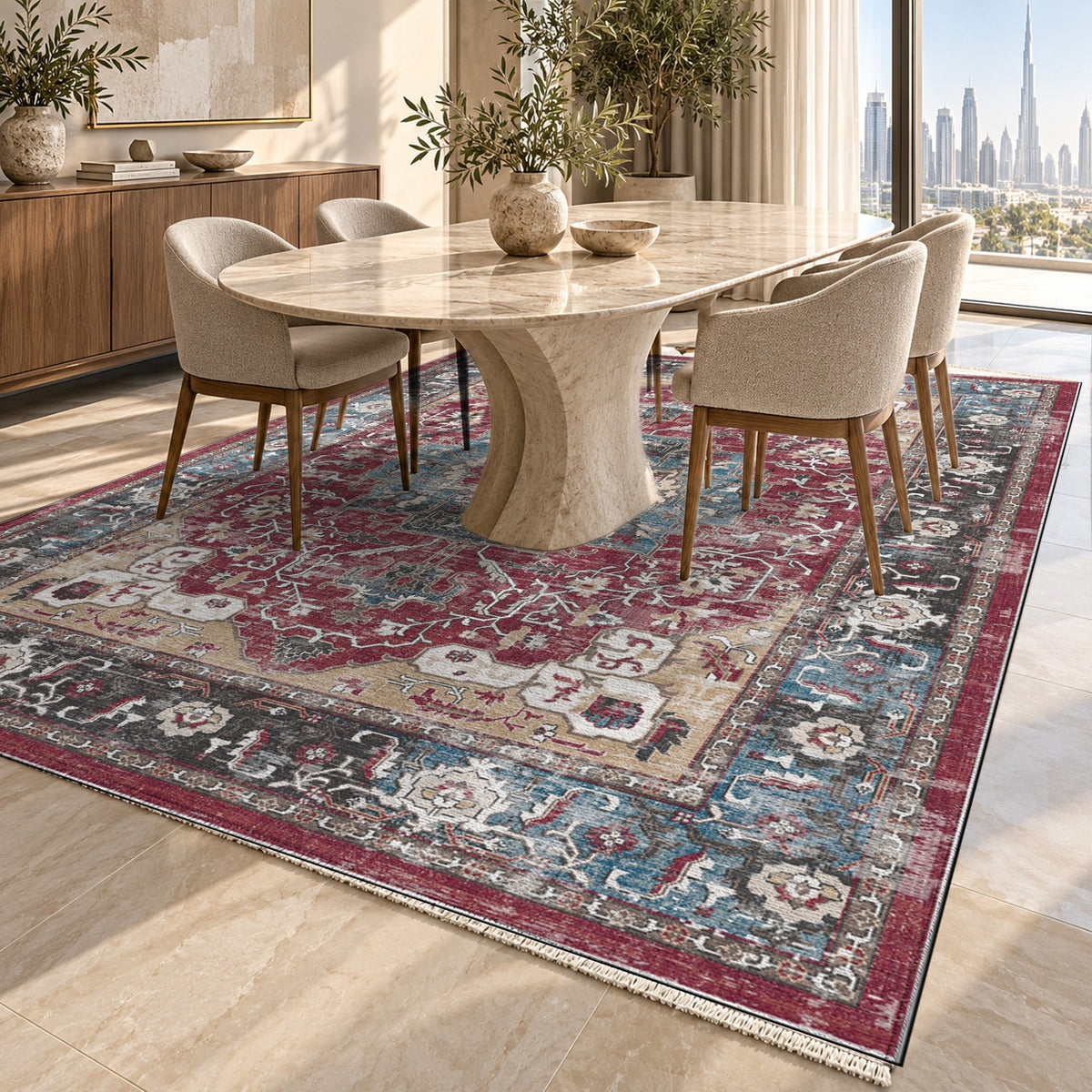 Tabriz Medallion Burgundy Red Vintage Washable Rug — dubai dining