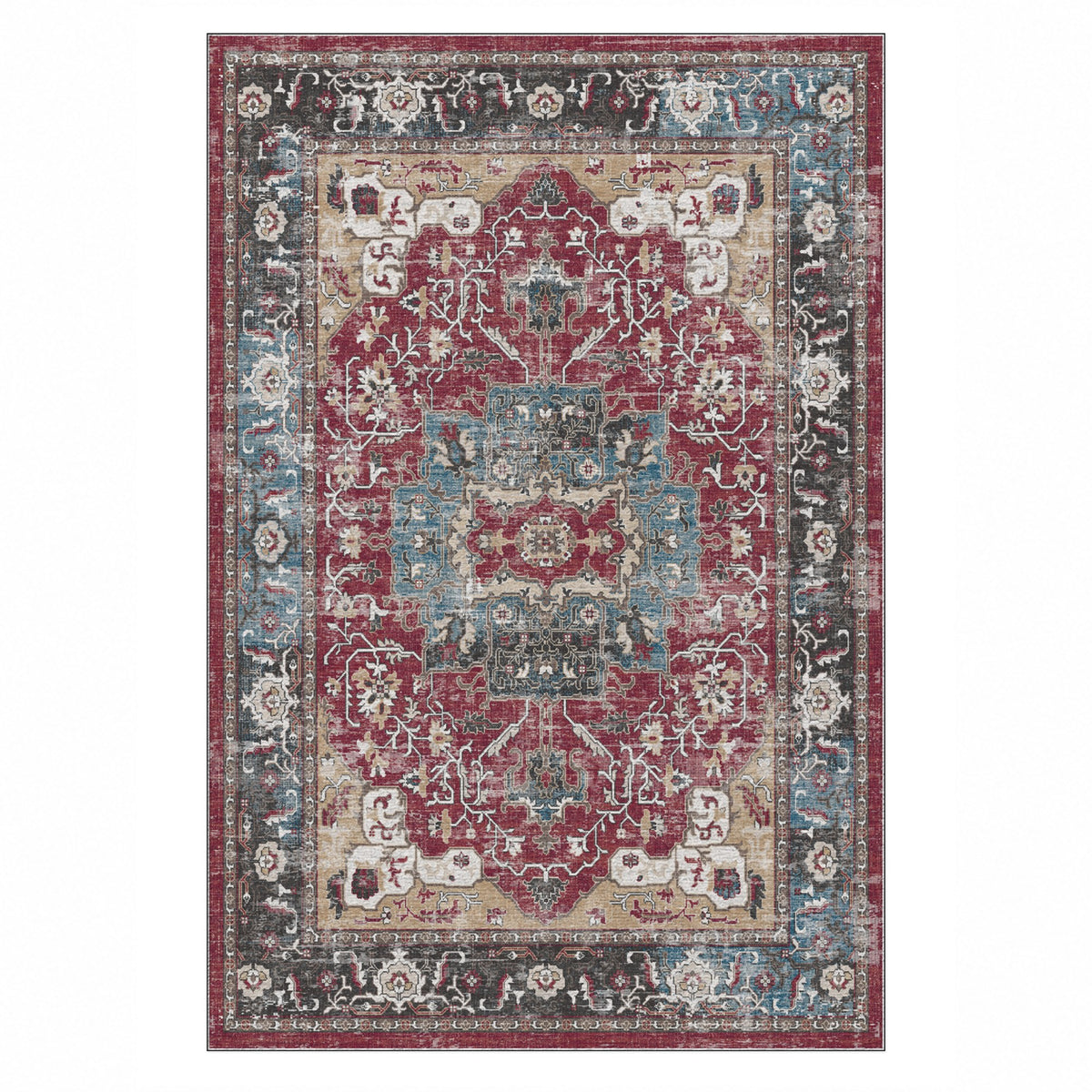 Tabriz Medallion Burgundy Red Vintage Washable Rug — top view