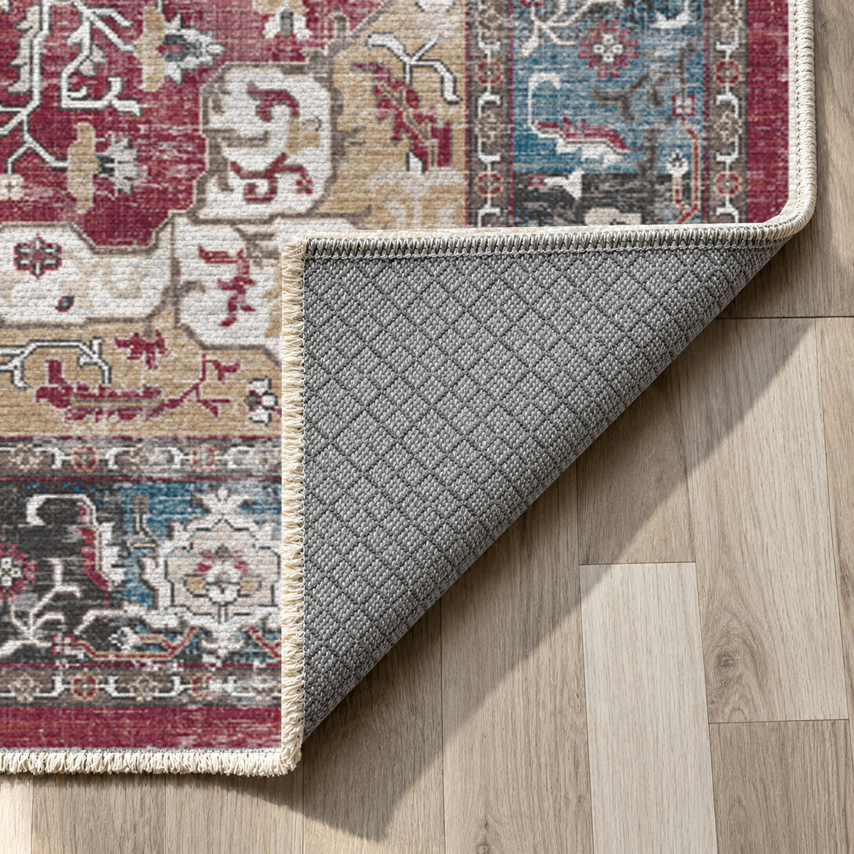 Tabriz Medallion Burgundy Red Vintage Washable Rug — backing close up