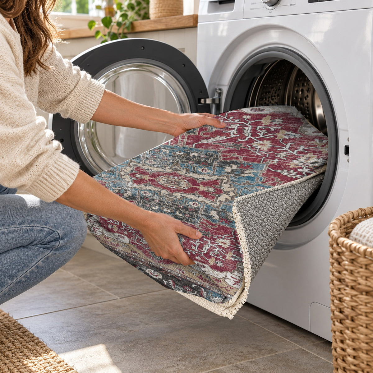 Tabriz Medallion Burgundy Red Vintage Washable Rug — washing machine