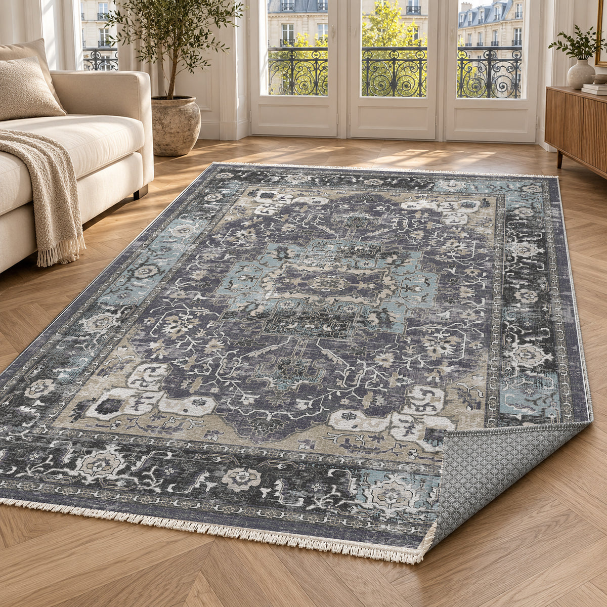 Tabriz Medallion Charcoal Vintage Washable Rug — paris living