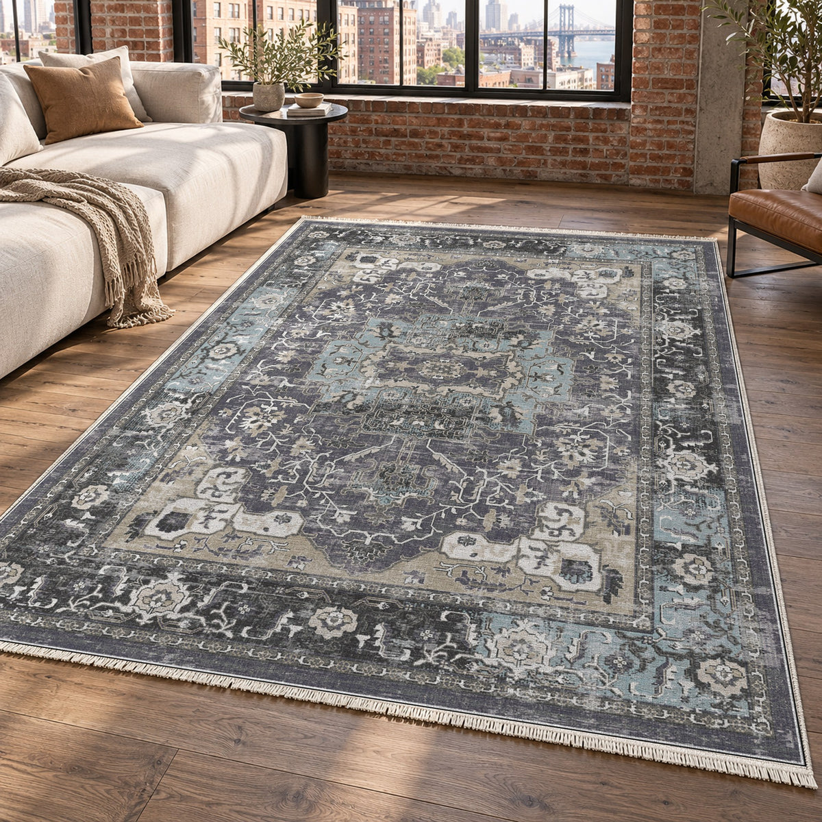 Tabriz Medallion Charcoal Vintage Washable Rug — new york living