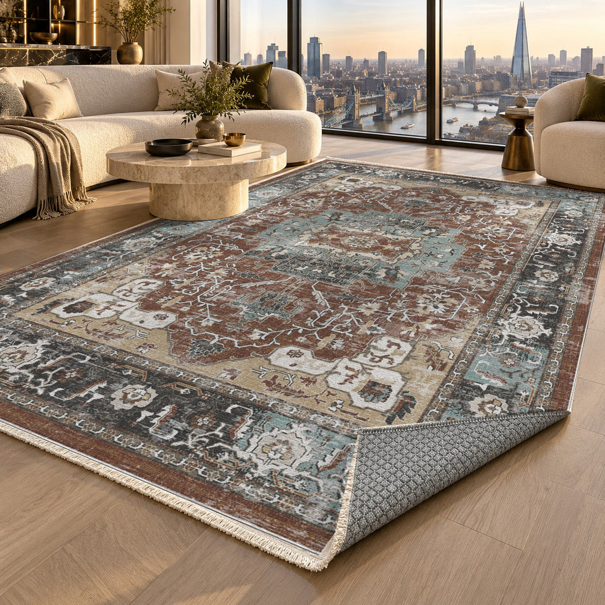 Tabriz Medallion Chocolate Vintage Washable Rug — london luxury living