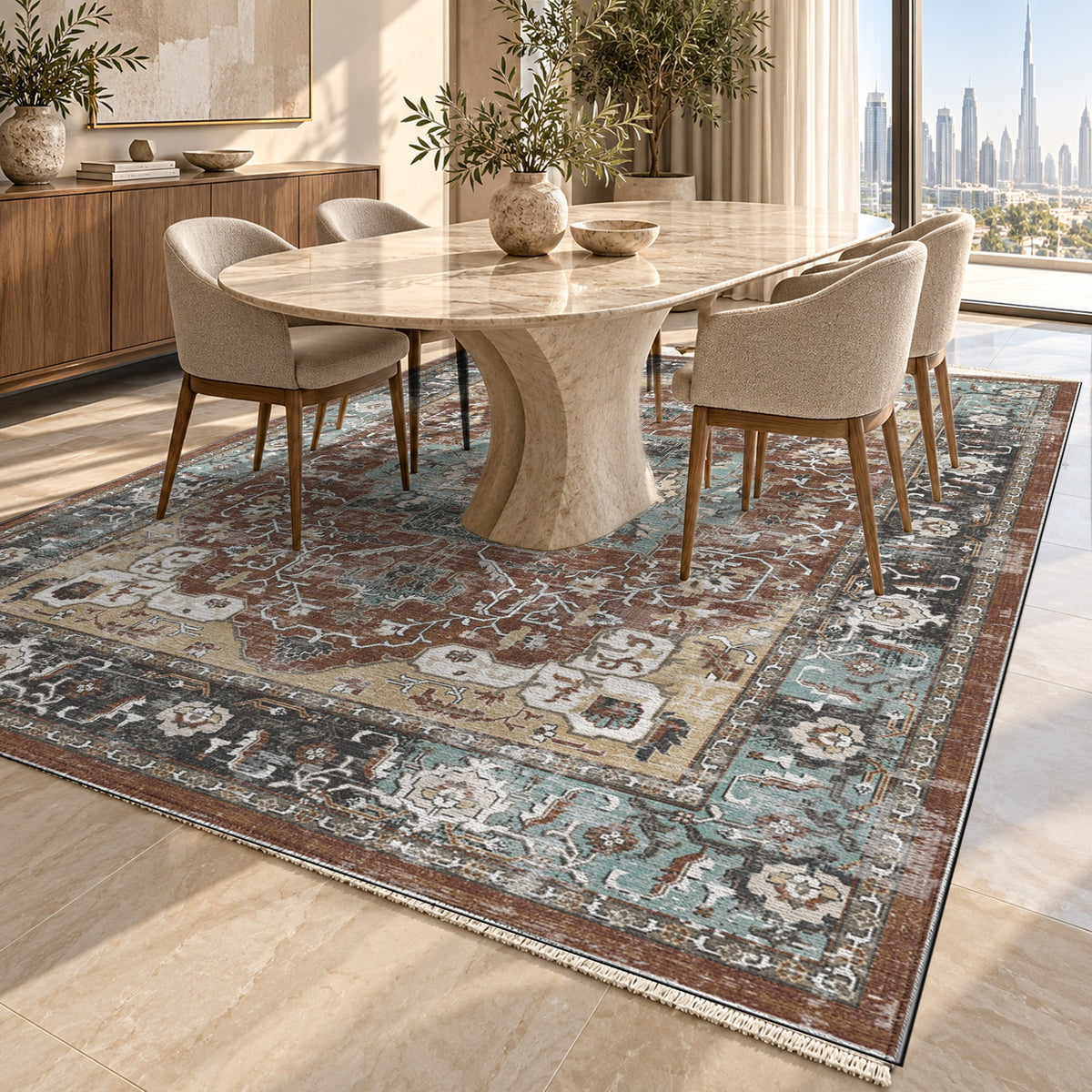 Tabriz Medallion Chocolate Vintage Washable Rug — dubai dining