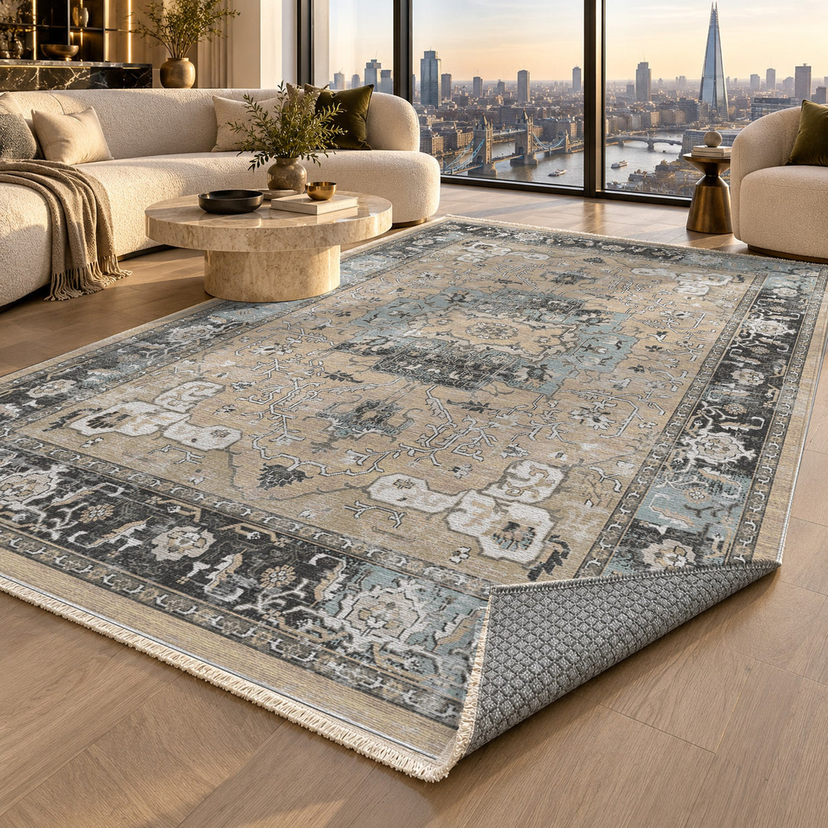 Tabriz Medallion Cream Vintage Washable Rug — london luxury living