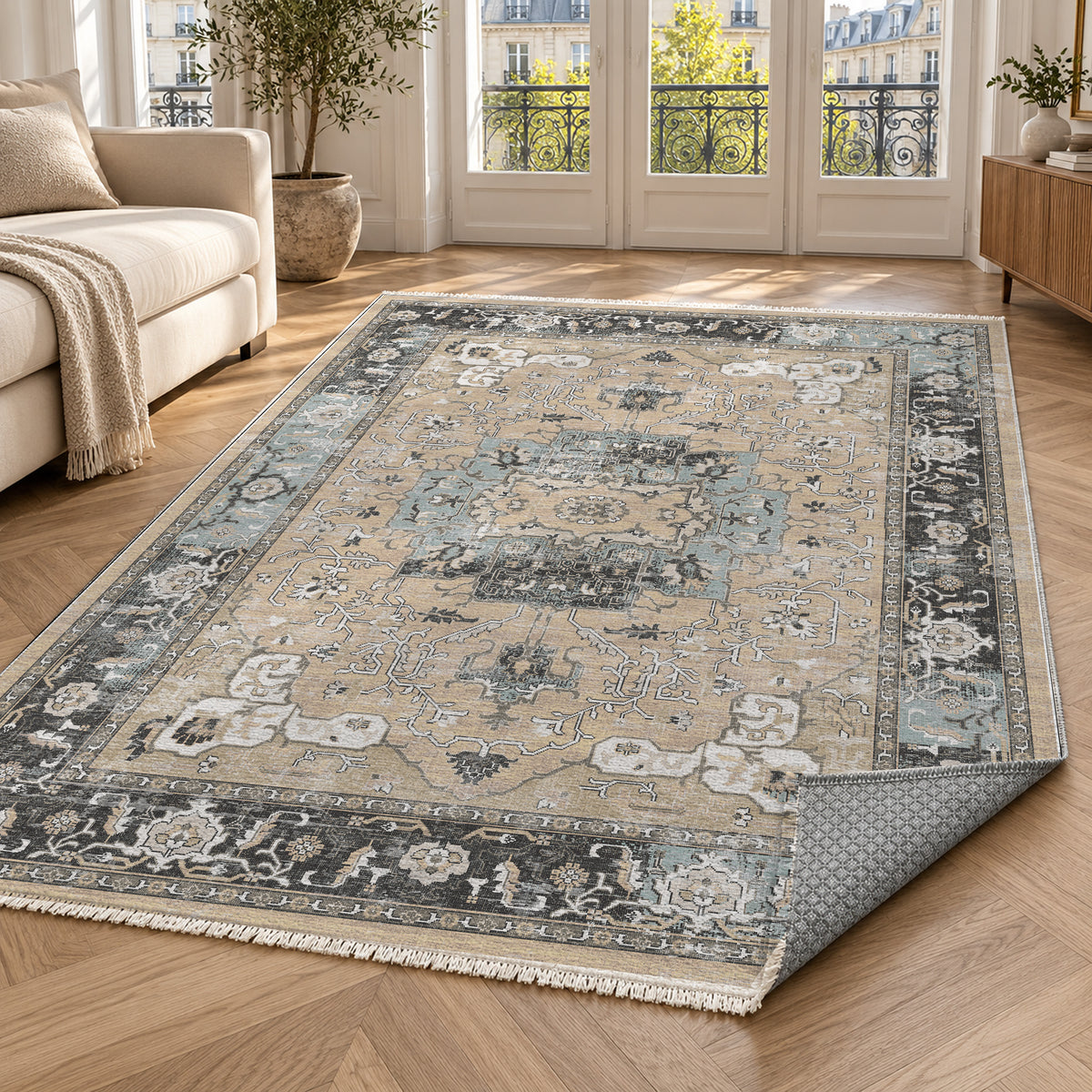 Tabriz Medallion Cream Vintage Washable Rug — paris living