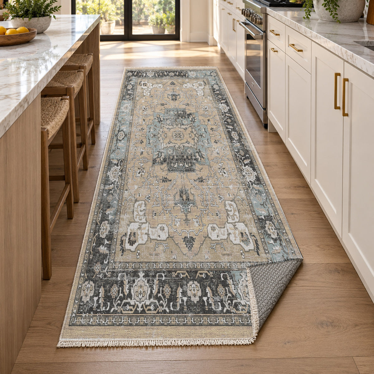 Tabriz Medallion Cream Vintage Washable Rug — new york kitchen runner