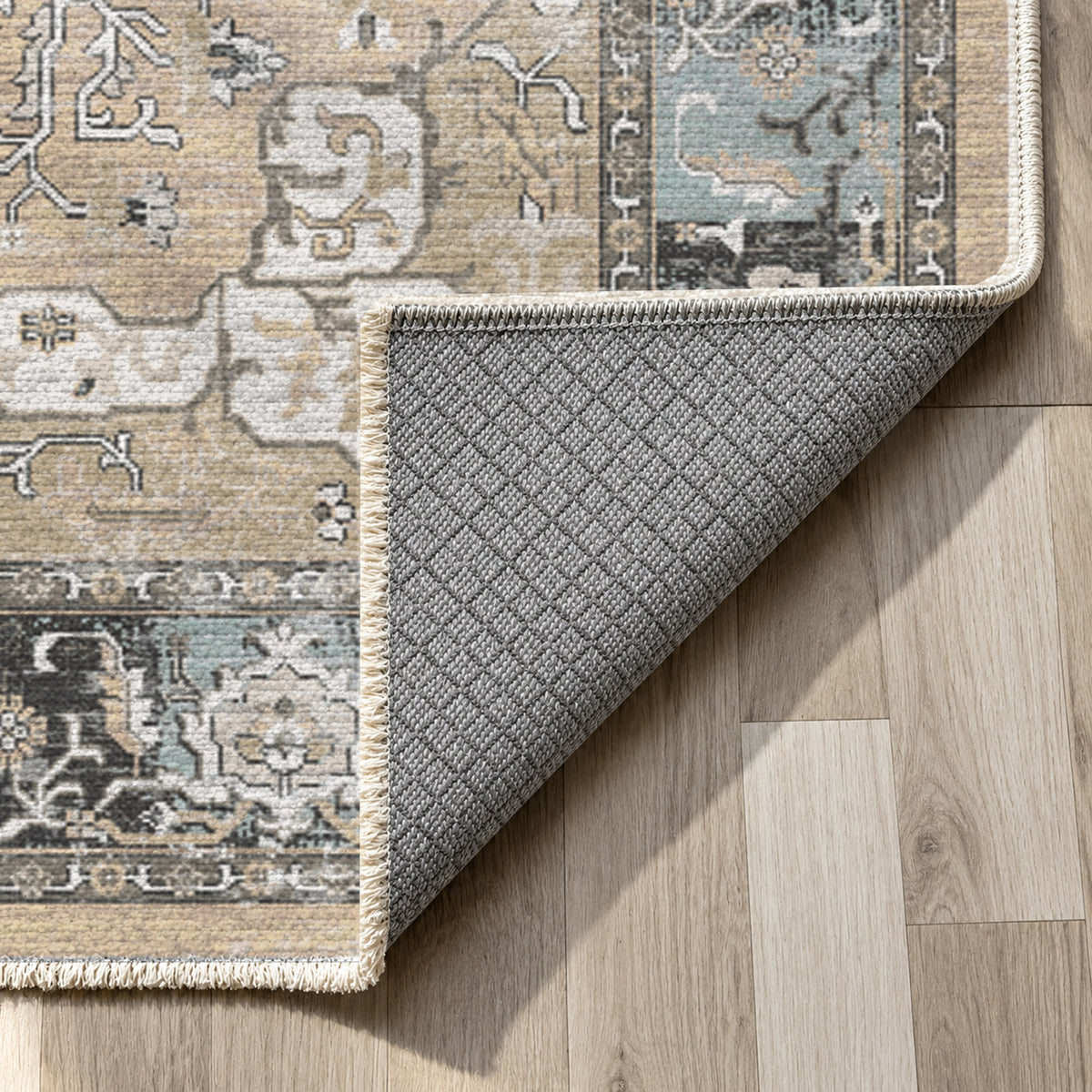 Tabriz Medallion Cream Vintage Washable Rug — backing close up