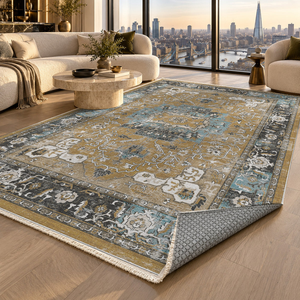 Tabriz Medallion Muted Gold Vintage Washable Rug — london luxury living