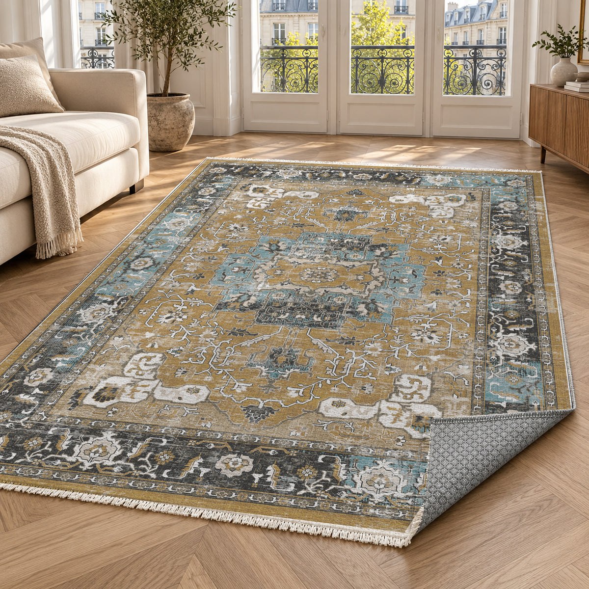 Tabriz Medallion Muted Gold Vintage Washable Rug — paris living