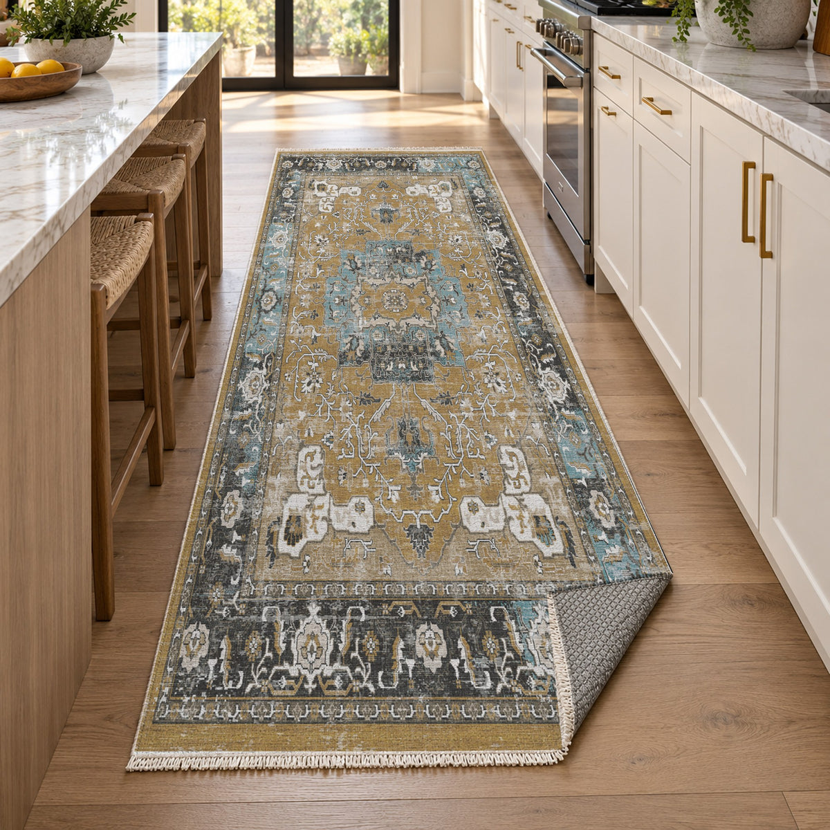 Tabriz Medallion Muted Gold Vintage Washable Rug — new york kitchen runner