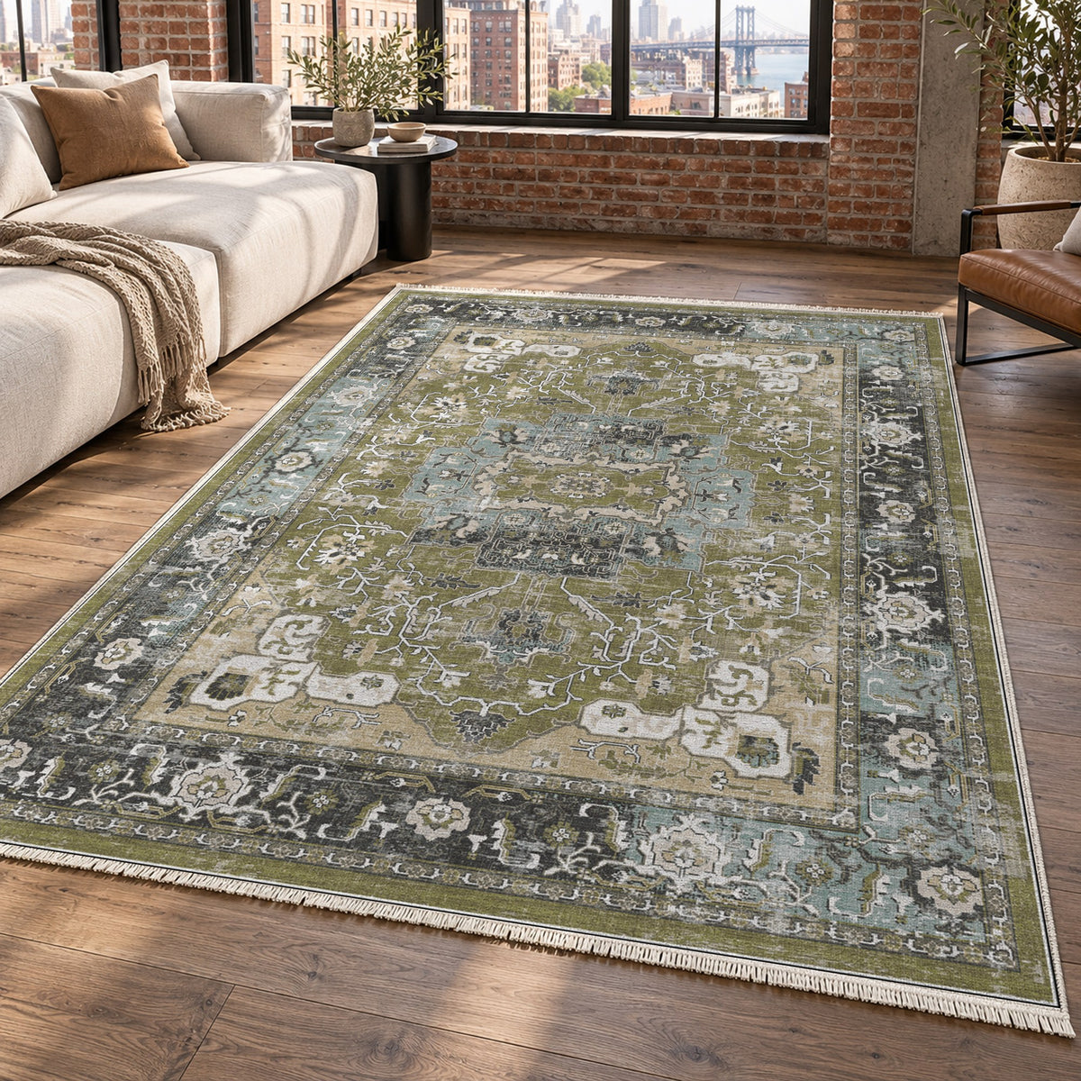 Tabriz Medallion Olive Vintage Washable Rug — new york living