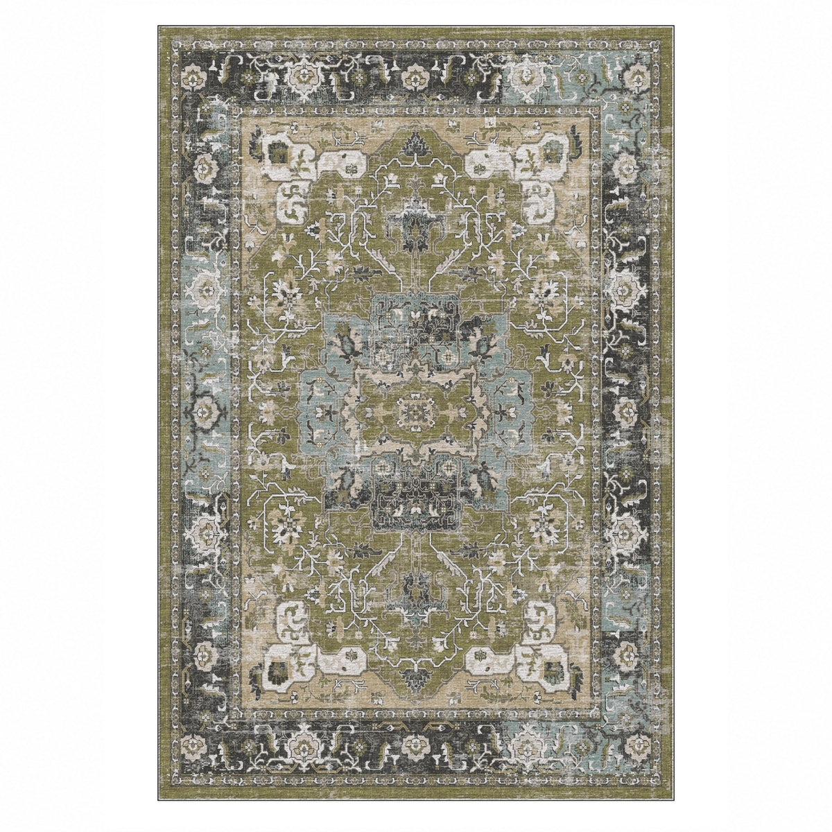 Tabriz Medallion Olive Vintage Washable Rug — top view