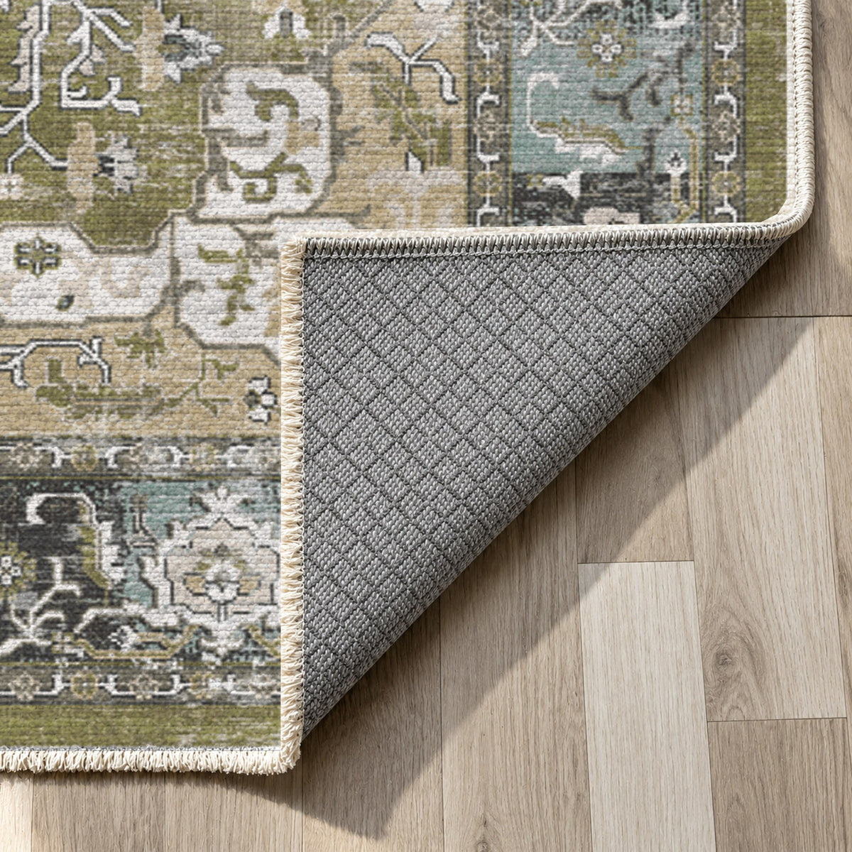 Tabriz Medallion Olive Vintage Washable Rug — backing close up