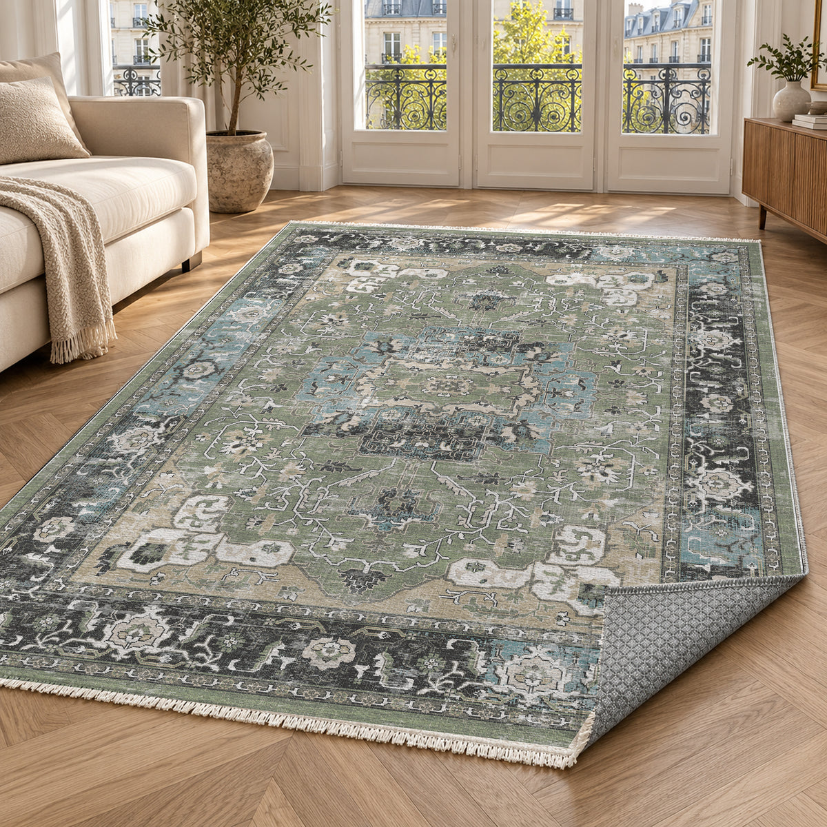 Tabriz Medallion Sage Vintage Washable Rug — paris living