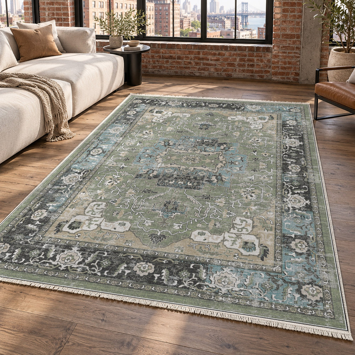 Tabriz Medallion Sage Vintage Washable Rug — new york living
