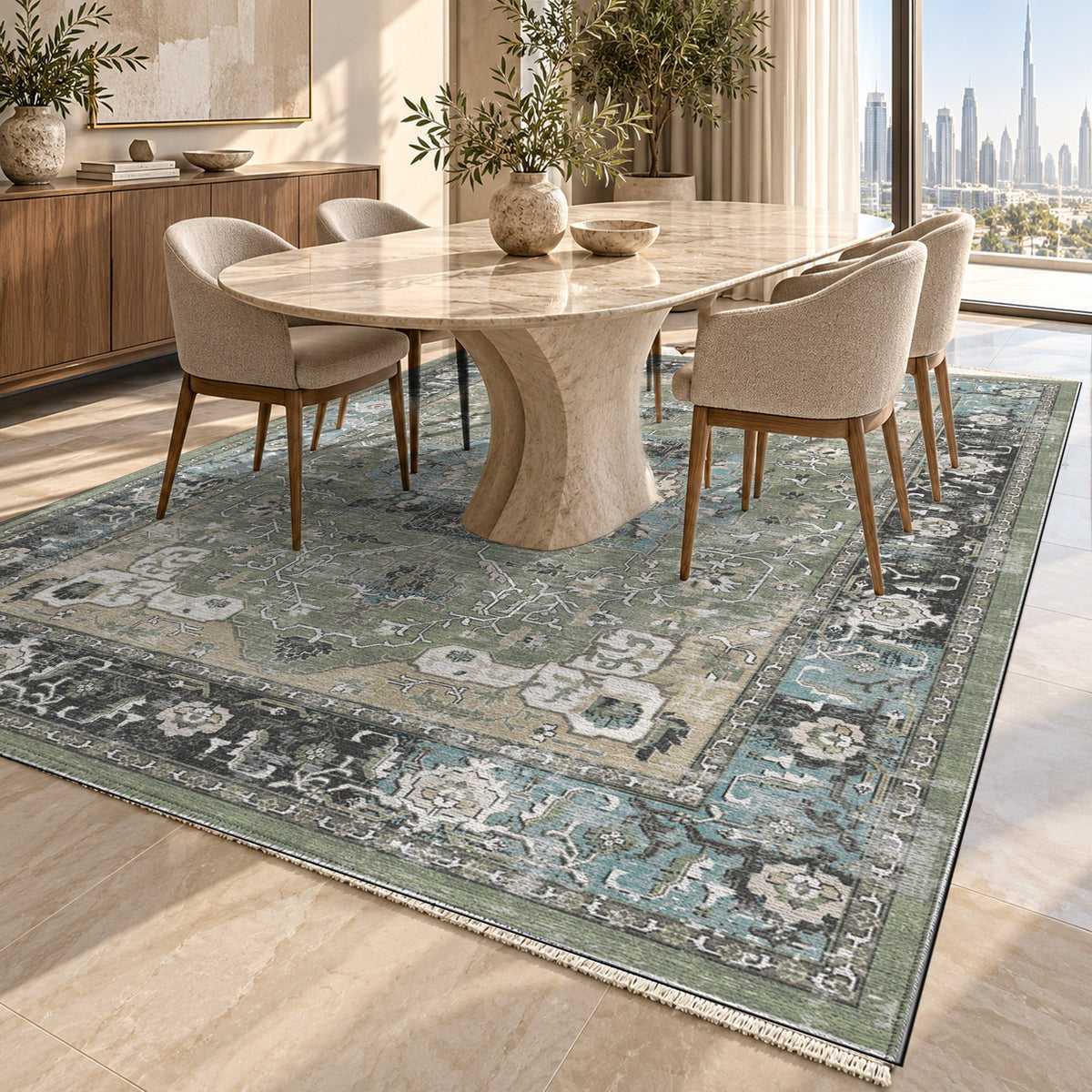 Tabriz Medallion Sage Vintage Washable Rug — dubai dining