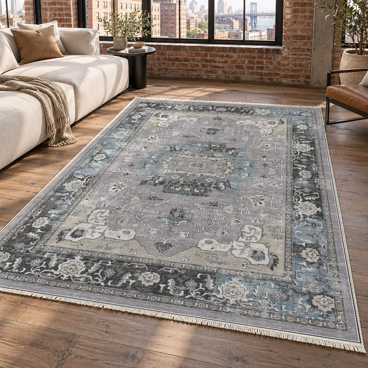 Tabriz Medallion Silver Grey Vintage Washable Rug — new york living