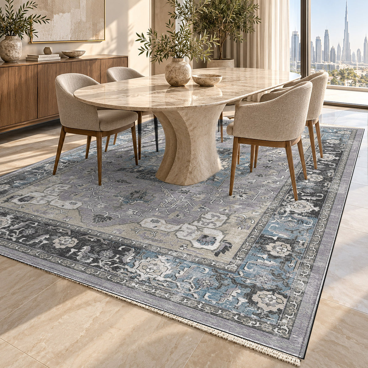Tabriz Medallion Silver Grey Vintage Washable Rug — dubai dining