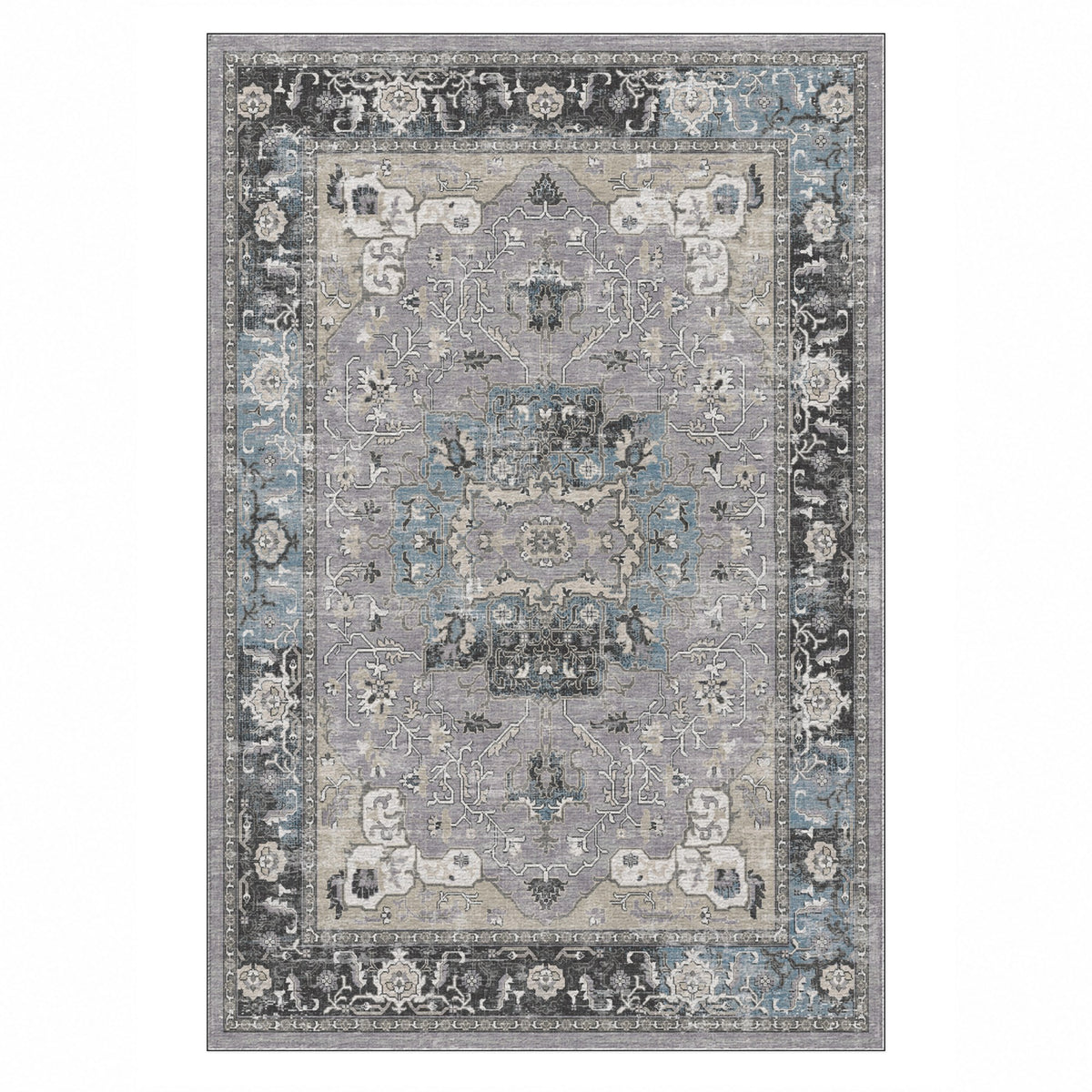 Tabriz Medallion Silver Grey Vintage Washable Rug — top view