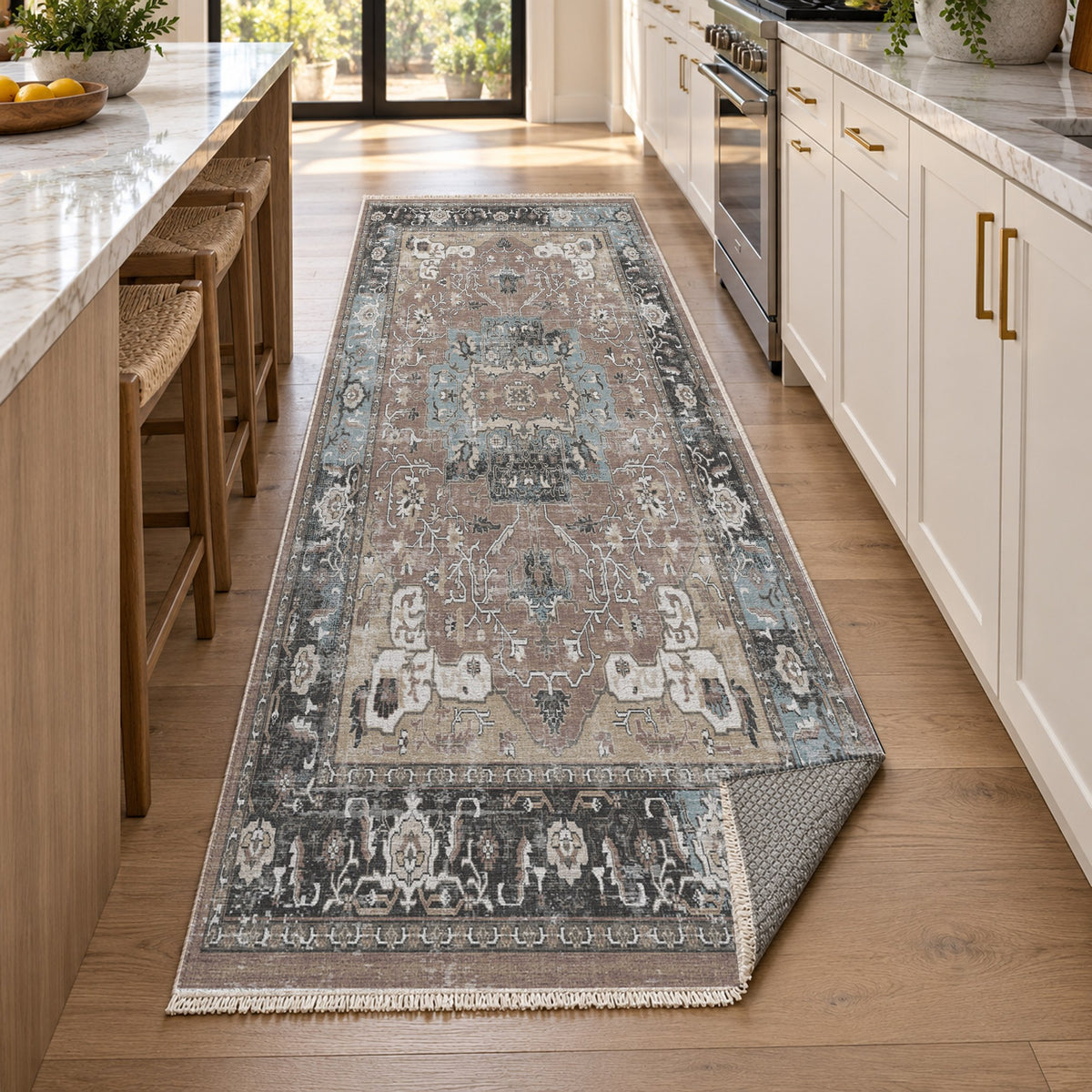 Tabriz Medallion Taupe Vintage Washable Rug — new york kitchen runner