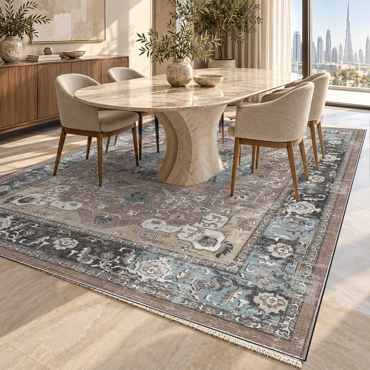 Tabriz Medallion Taupe Vintage Washable Rug — dubai dining