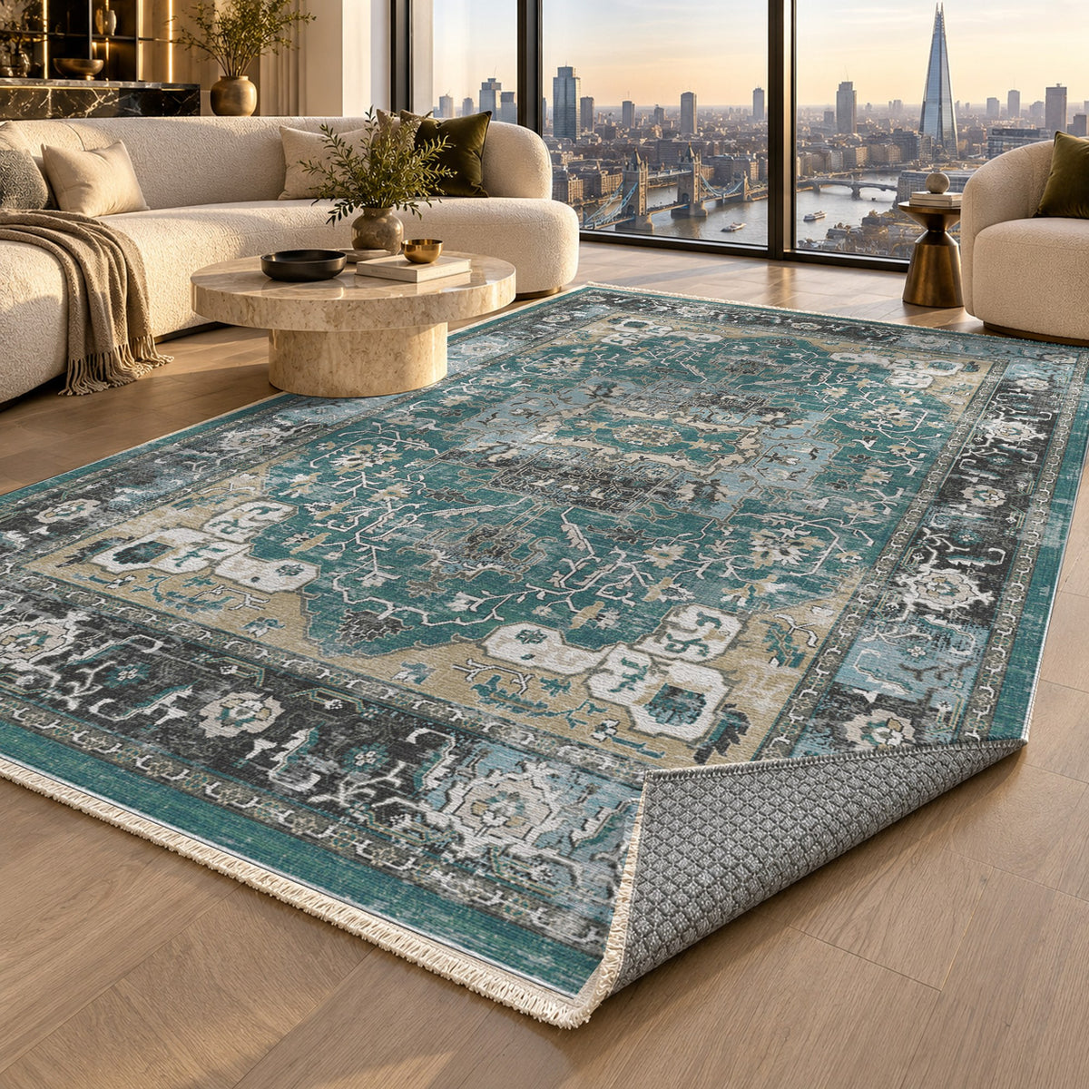 Tabriz Medallion Teal Vintage Washable Rug — london luxury living